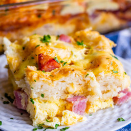 Cheesy Ham and Egg Breakfast Casserole with Biscuits
