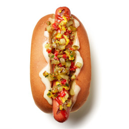 Cheesy Hot Dogs with Pickle-Pepper Relish