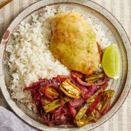 Cheesy Lime Chicken with Sautéed Vegetables & Garlic Rice
