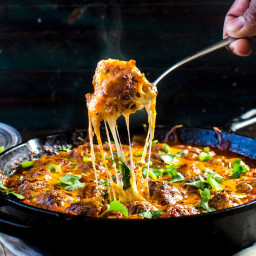 Cheesy Mexican Meatball Skillet with Salsa Puff Pastry Chips