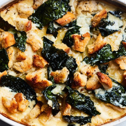 Cheesy Potato and Kale Gratin with Rye Croutons