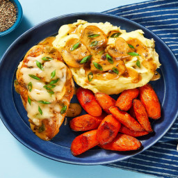 Cheesy Smothered Mushroom Chicken with Mashed Potatoes & Roasted Carrots