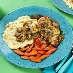 Cheesy Smothered Mushroom Chicken with Mashed Potatoes and Roasted Carrots