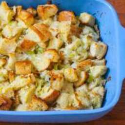 Cheesy Sourdough Stuffing with Leeks and Shallots