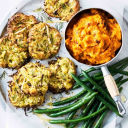 Cheesy zucchini fritters with pumpkin and buttermilk mash