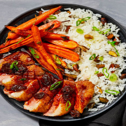 Cherry Ancho Duck Breasts with Pistachio Rice and Roasted Carrots