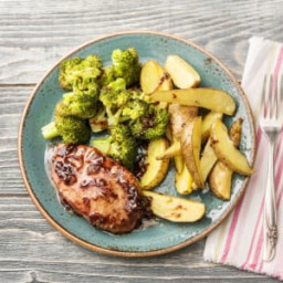 Cherry-and-Balsamic-Glazed Pork Chops with Crispy Broccoli and Potatoes