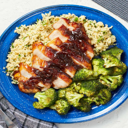 Cherry Balsamic Pork Chops with Garlic Herb Couscous and Roasted Broccoli
