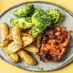 Cherry Balsamic Pork Chops with Thyme-Roasted Potatoes and Broccoli
