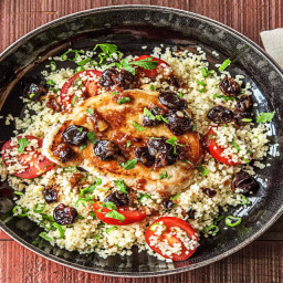 Cherry-Drizzled Pork Chops with Tomato Couscous Salad
