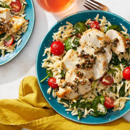 Chicken & Caper-Butter Sauce with Spinach, Tomato,  & Orzo Salad