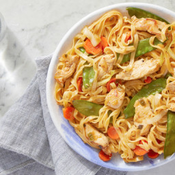 Chicken & Wonton Noodle Stir-Fry with Snow Peas, Carrots, & Cabbage
