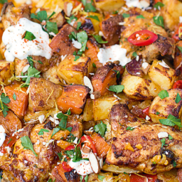 Chicken and Chorizo Bake Peppers, Sweet Potatoes and Spuds