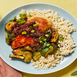 Chicken and Cranberry Currant Pan Sauce with Scallion Couscous and Zucchini
