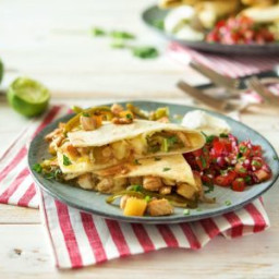 Chicken and Pineapple Quesadillas with Sweet Peppers, Caramelized Onion, an