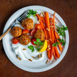 Chicken and Rice Meatballs With Roasted Carrots and Labne