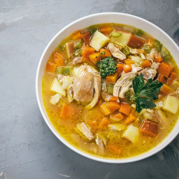 Chicken and vegetable soup with parsley pesto