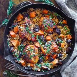 Chicken and Wild Rice with Roasted Sweet Potatoes and Mushrooms