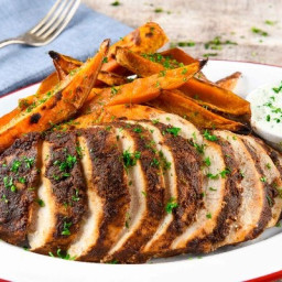 Chicken Breast a la Brasawith sweet potato fries and jalapeño-garlic dippin