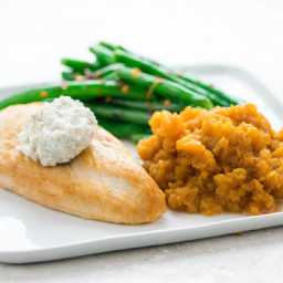 Chicken Breast and Walnut Goat Cheese Butterwith mashed butternut squash an