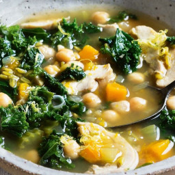Chicken, freekeh, kale and chickpea soup