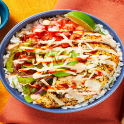 Chicken & Guac Burrito Bowls with Long Green Pepper, Salsa Fresca & Hot Sau