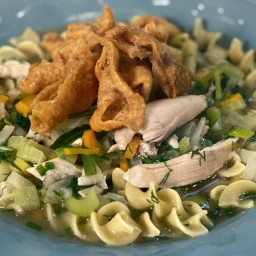 Chicken Noodle Soup with Chicken Chips On Top