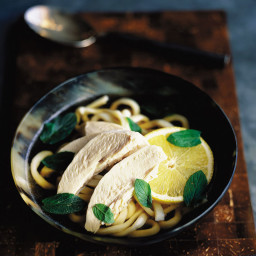 Chicken noodle soup with mint and lemon