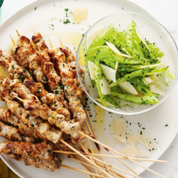 Chicken on sticks with rice salad