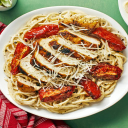 Chicken over Garlic Parmesan Spaghetti with Tuscan Roasted Tomatoes