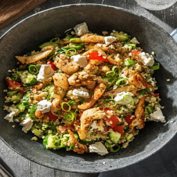 Chicken Over Tabbouleh with Tomato, Cucumber, and Feta Cheese