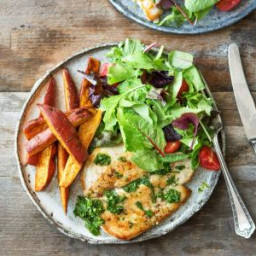 Chicken Paillard with Chimichurri, Sweet Potato Wedges, and Salad