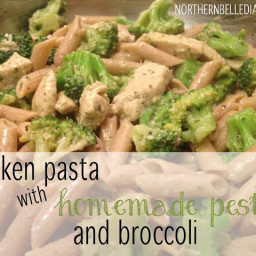 Chicken pasta with homemade pesto and broccoli