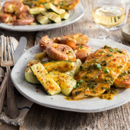 Chicken piccata with roasted zucchini and smashed new potatoes
