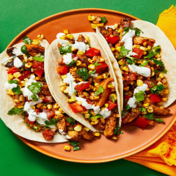 Chicken Ranchero Tacos with Charred Corn Salsa and Lime Crema