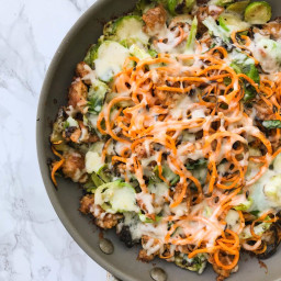 Chicken Sausage, Brussels Sprouts and Sweet Potato Skillet Bake