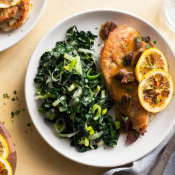 Chicken scallopini with lemon-olive sauce and sautéed greens