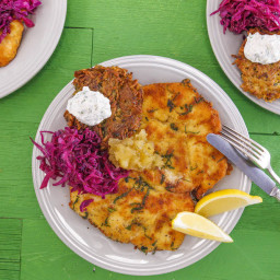 Chicken Schnitzel and Applesauce with Parsnip Cakes and Horseradish Sauce, 