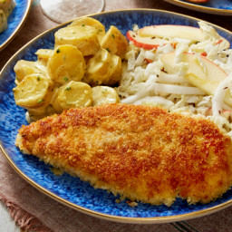 Chicken Schnitzelwith Fingerling Potato Salad and Marinated Napa Cabbage