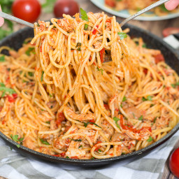Chicken Spaghetti with Red Sauce and Prosciutto