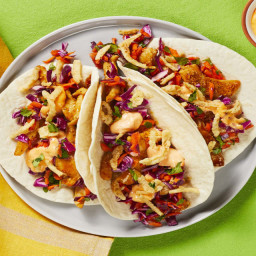 Chicken Stir-Fry Tacos with Tangy Cabbage Slaw & Sriracha Mayo