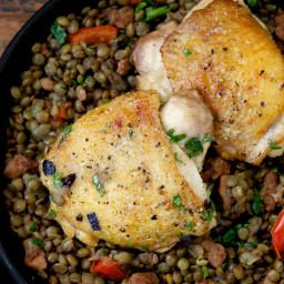 Chicken Thighs with Lentils, Chorizo, and Red Pepper