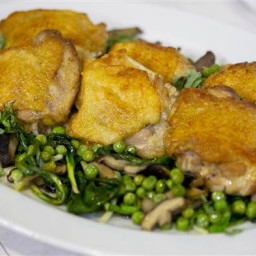 Chicken Thighs with Ramps, Peas and Mushrooms