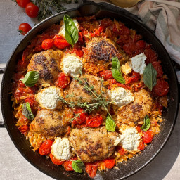 Chicken Thighs with Roasted Tomatoes, Orzo & Ricotta
