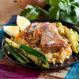 Chicken Thighs with Sweet Potato Orzo Risotto  and Zucchini