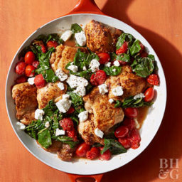 Chicken Thighs with Three-Seed Tomatoes and Greens