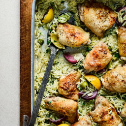 Chicken tray bake with lemon, olives and orzo