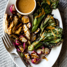 Chicken with Charred Bok Choy, Radishes & Peanut Sauce