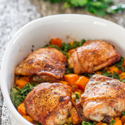 Chicken Thighs with Sweet Potatoes Corn and Kale Bake