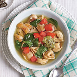 Chicken, Tortellini, and Spinach Soup with Pesto